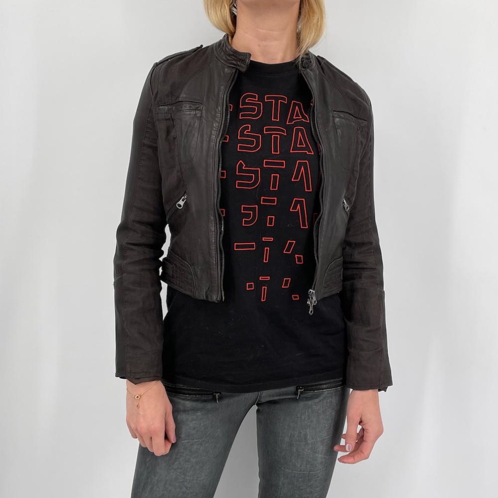 NWT TASHA TARNO Distressed real leather and fabric mixed media jacket